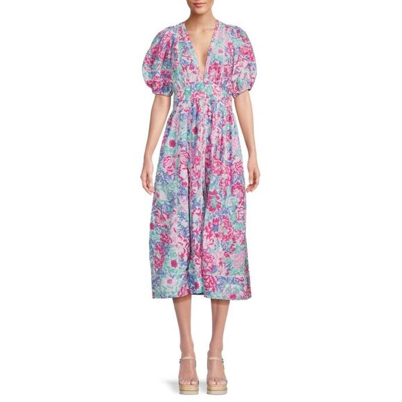 Poupette St Bart Womens Midi Dress Reine Floral V-neckline Buttoned Pink Size